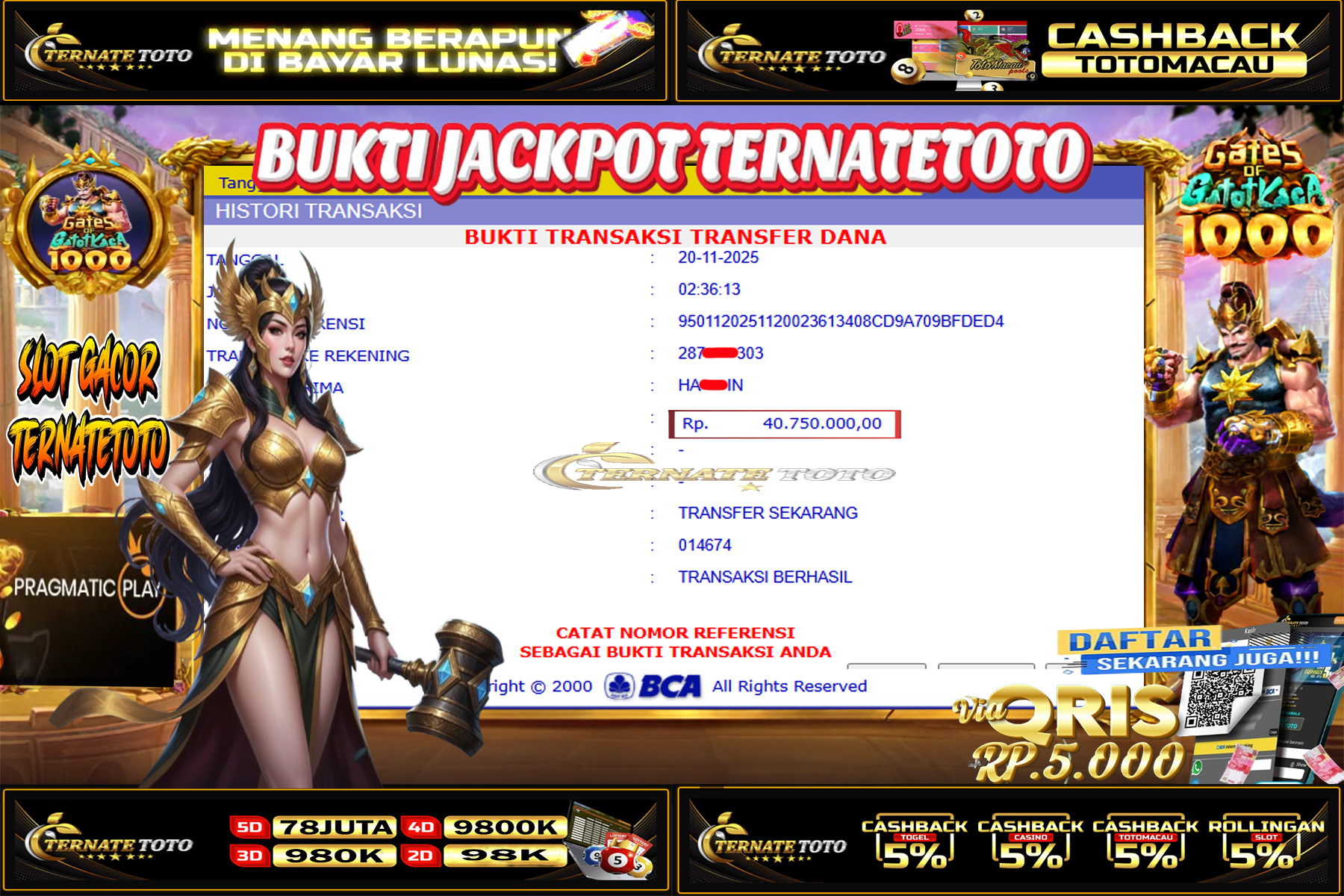 TERNATETOTO - JACKPOT Gates Of Gatot Kaca 1000 DI PRAGMATIC PLAY Rp.40,750,000,-